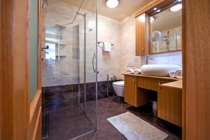 罗维尼Guest House Golden Goose的带淋浴、卫生间和盥洗盆的浴室