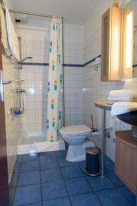 沙博伊茨温霍夫酒店的浴室配有卫生间、淋浴和盥洗盆。