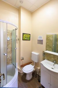 布泽乌Corner Center Rental的浴室配有卫生间、淋浴和盥洗盆。