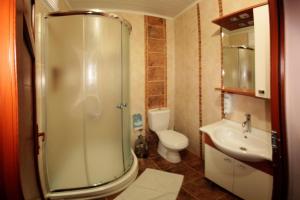 塞尔丘克布莫朗宾馆的带淋浴、卫生间和盥洗盆的浴室