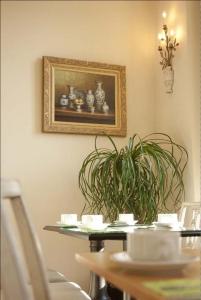 布尔日拉泽内城堡 - 公寓酒店的一张桌子,上面有植物和墙上的照片