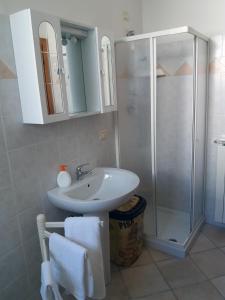 乌尔巴尼亚Appartamento Casteldurante的一间带水槽和淋浴的浴室