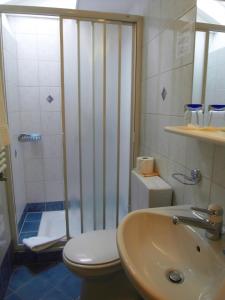 纳沙泰尔赖斯维克斯托伊兹酒店的带淋浴、卫生间和盥洗盆的浴室