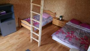 PuskaruMetsjärve kämping的一间卧室设有两张双层床和梯子
