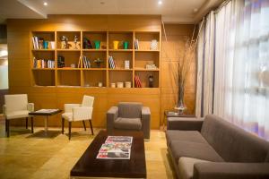 蓬费拉达埃洛伊比耶索广场酒店的客厅配有沙发、椅子和书架
