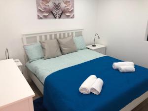 纳扎雷alojamento Xa andar的一间卧室配有蓝色的床和毛巾