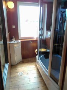 弗罗茨瓦夫Motel Rezydent的带淋浴和卫生间的小浴室