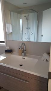 奥阿库尼The Ohakune Central Motels的一间带水槽和大镜子的浴室