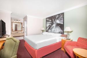 Upper LakeUpper Lake Inn & Suites的一间卧室配有一张床、一张沙发和一把椅子