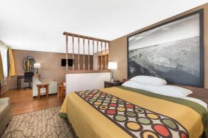 楠帕爱达荷州南帕速8酒店的酒店客房设有一张带大墙的床。