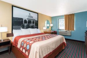 巴斯巴斯速8汽车旅馆的一间酒店客房,房内配有一张大床