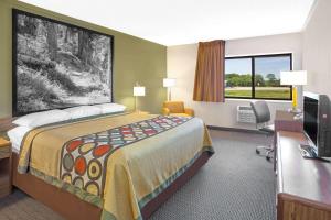 温莎温莎/北麦迪逊速8酒店的酒店客房设有一张大床和一张书桌。