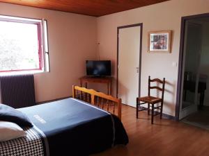 Saint-Aubin-le-Monial圣欧班酒店的一间卧室配有一张床、一台电视和一把椅子