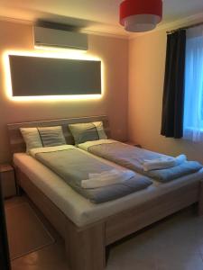 豪伊杜索博斯洛Gold de luxe Apartman的一间卧室配有一张光线充足的床