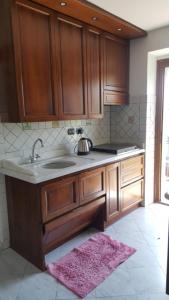 PalleroneCasa Gloria的厨房配有木制橱柜、水槽和地毯。