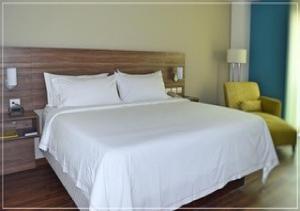 比亚埃尔莫萨比亚埃尔莫萨智选假日酒店的卧室配有一张白色大床和一张黄色椅子