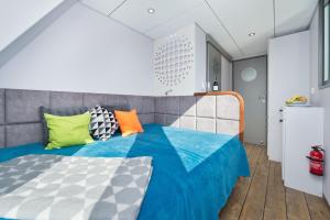 BłotnikHouseboat的一间卧室配有带色彩缤纷枕头的床。