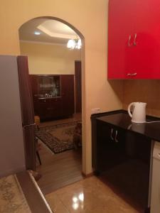 杰尔穆克Jermuk Apartment的厨房配有红色橱柜和黑色台面