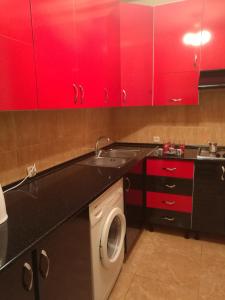 杰尔穆克Jermuk Apartment的一间带红色橱柜和洗衣机的厨房
