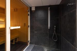 圣马洛圣马洛海滨美居酒店的一间设有黑色墙壁淋浴的浴室