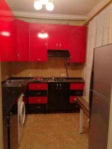 杰尔穆克Jermuk Apartment的厨房配有红色橱柜和不锈钢冰箱