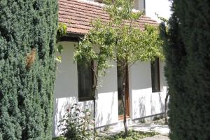 GjakoveGarden Guesthouse的前面有树木的白色房子