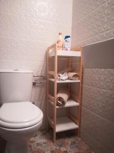 比雷埃夫斯Port's little gem的一间带卫生间的浴室和一个带毛巾的架子