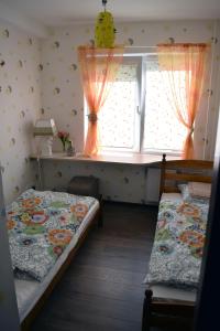 维萨吉纳斯Butterfly Apartment的一间卧室设有两张床,窗户配有窗帘