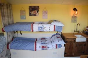 利明顿Shepherds Hut with Hot Tub的一间卧室设有两张双层床和水槽