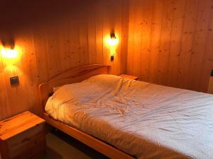 大博尔南Résidence Chalet La Barallette - Esc'Appart的木墙和两个灯的房间的一张床位