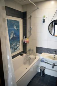 维萨吉纳斯Butterfly Apartment的带浴缸和盥洗盆的浴室