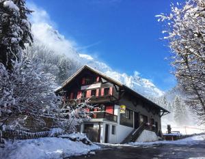 尚佩里Guest House du Grand Paradis - On Piste的一座有雪盖的建筑,有雪盖的山