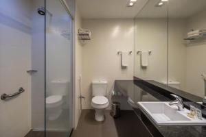 里约热内卢林科斯加雷奥酒店的浴室配有卫生间、盥洗盆和淋浴。
