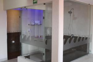Acolman de NetzahualcóyotlMotel Septimo Eclipse的浴室设有紫色照明的淋浴间