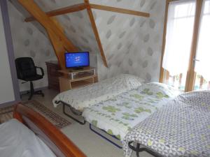 圣蒂博德维涅3 Chambres-Disneyland Paris的一间卧室配有两张单人床和一台电视机