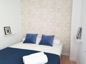 瓦伦西亚FLORIT FLATS - The Jardines del Turia Apartment的一间卧室配有一张带蓝色和白色枕头的床