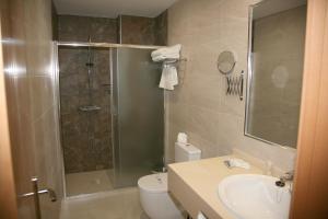 波索阿尔孔Hostal Restaurante Grela的带淋浴、卫生间和盥洗盆的浴室