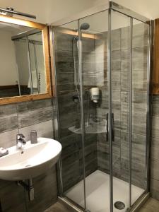 普雷圣迪迪埃埃德维斯酒店的一间带玻璃淋浴和水槽的浴室