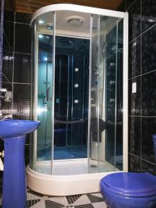 莱蒂西亚Hotel Zafiro的浴室设有玻璃淋浴间和蓝色凳子