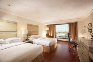 瓜达拉哈拉Barcelo Guadalajara的酒店客房设有两张床和窗户。