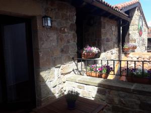 比努埃萨Posada Rural La Piñorra的阳台上的石头建筑,种植了盆栽植物