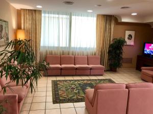 圣乔瓦尼·罗通多Hotel Sollievo - San Gennaro的一间设有粉红色沙发和电视的等候室