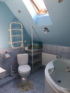 帕兰加Butukai的浴室配有卫生间、盥洗盆和浴缸。