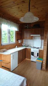 苏瓦乌基Domek nad jeziorem的厨房配有木制橱柜和白色炉灶烤箱。