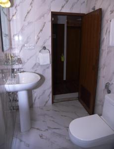 加德满都Kailash Kuti Inn的白色的浴室设有水槽和卫生间。
