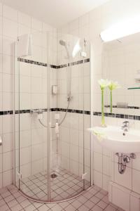 什未林Boulevard Hotel Altstadt Schwerin的带淋浴和盥洗盆的浴室
