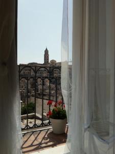 马泰拉San Biagio Materapartment的阳台上的窗户,有一壶鲜花