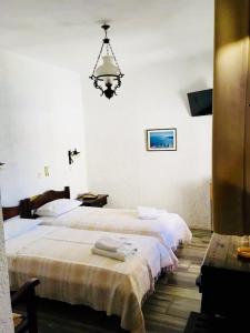 GrikosAlexandros Hotel的一间卧室配有两张床和吊灯。
