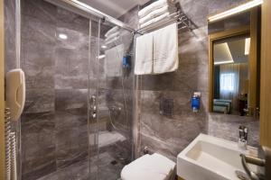 伊斯坦布尔Meretto Hotel LALELİ的带淋浴、卫生间和盥洗盆的浴室