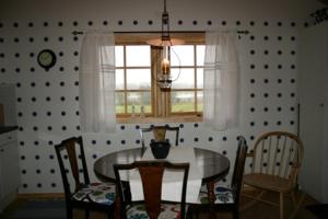 卡尔斯塔德Ulvsby Ranch的一间带桌椅和窗户的用餐室